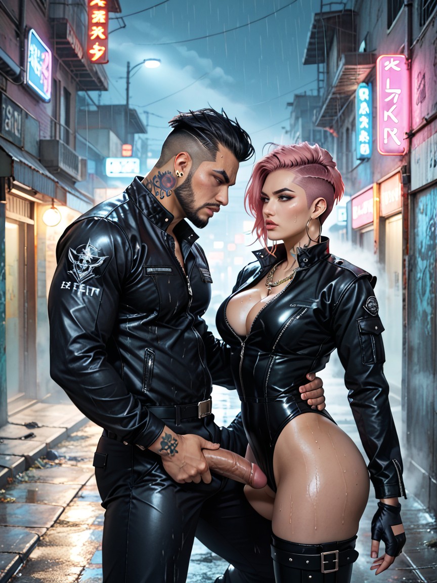 Duo, Black Leather Leotard, Break Chinese Biker Woman AI Porn