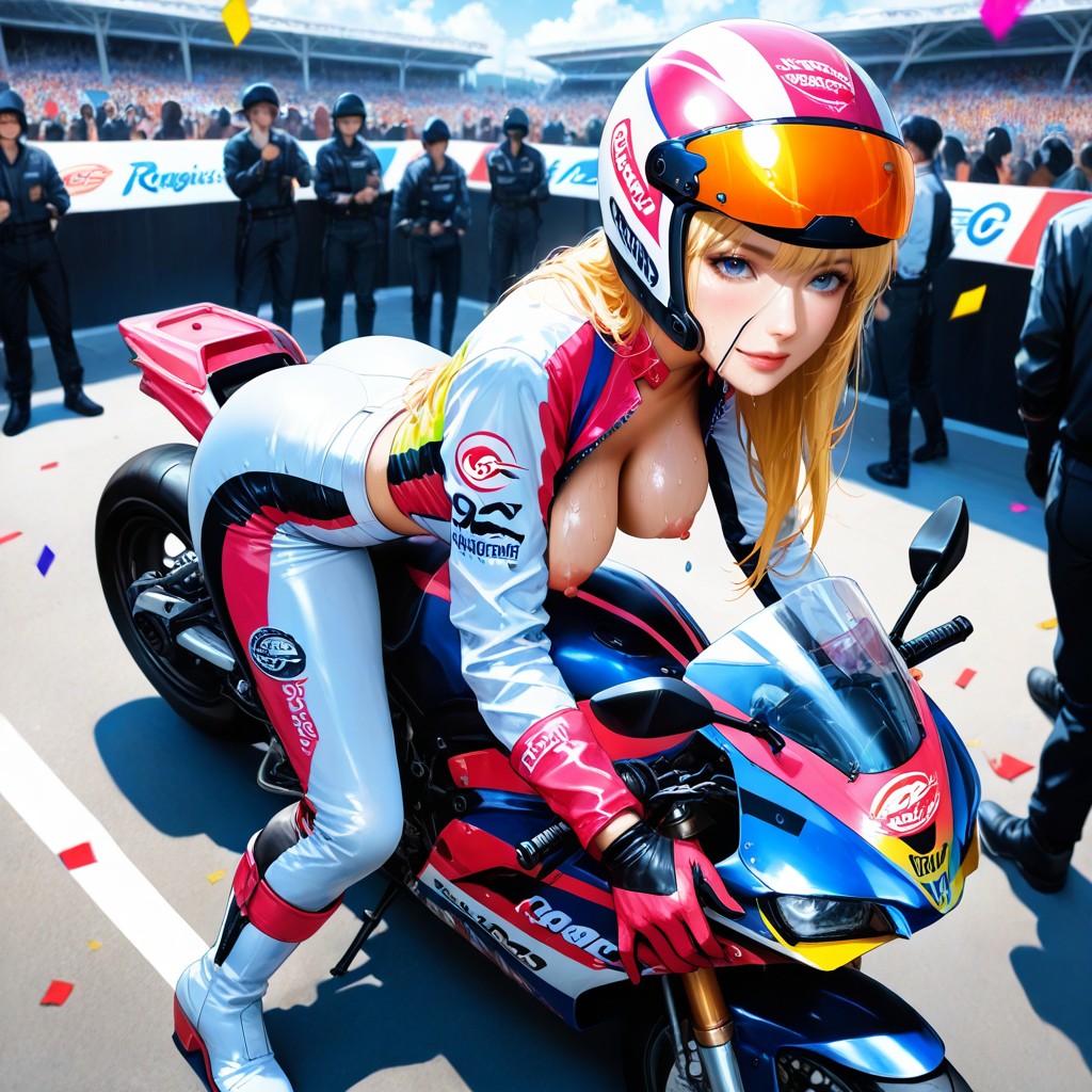 Medium Breast, Erect Puffy Pink Nipples, Racing Motorbike With Colorful Livery Hentai AI Porn