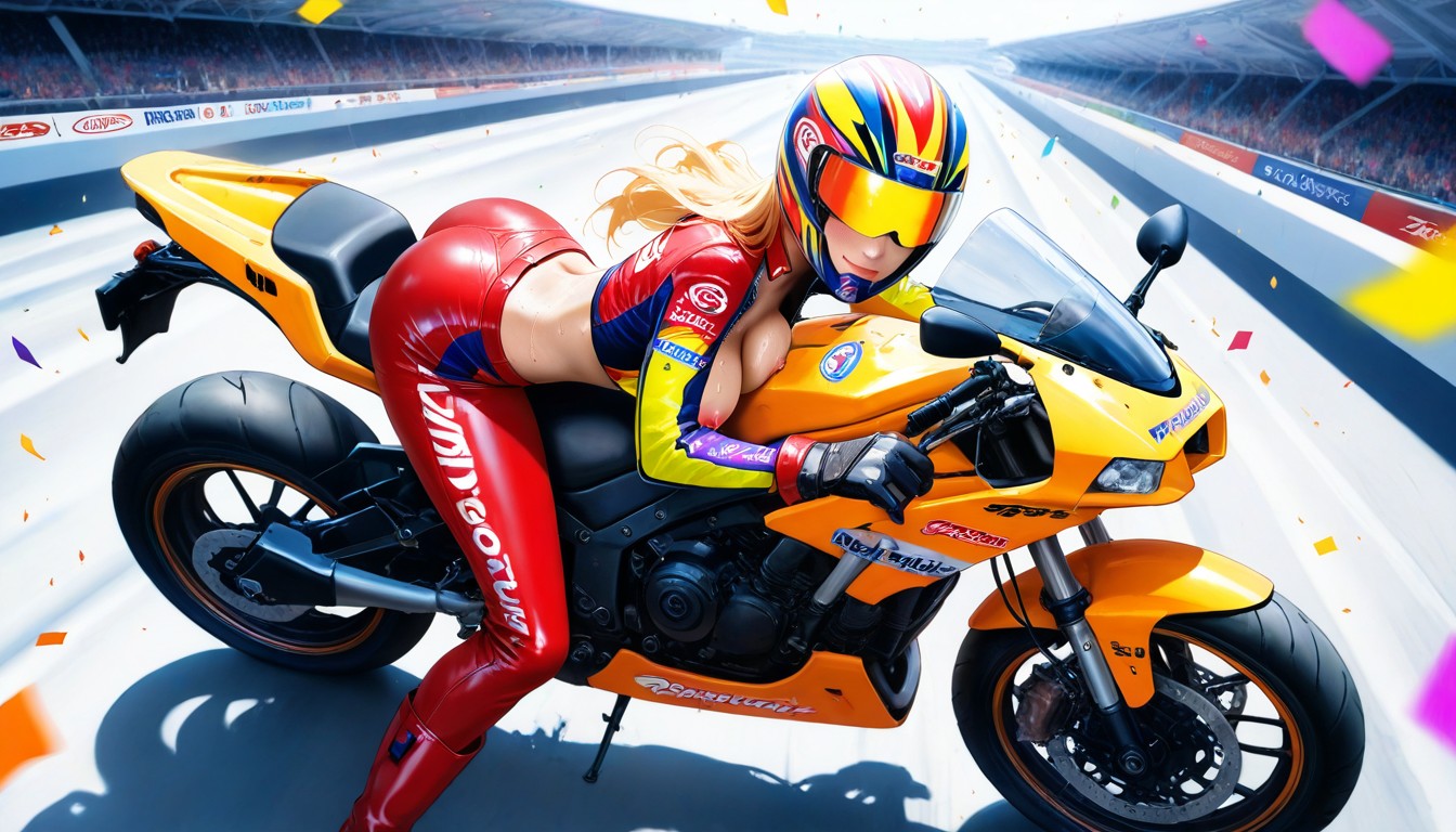 Colorful Confetti Dropping From Above, Motorbike Race Outfit, Side View Hentai AI Porn