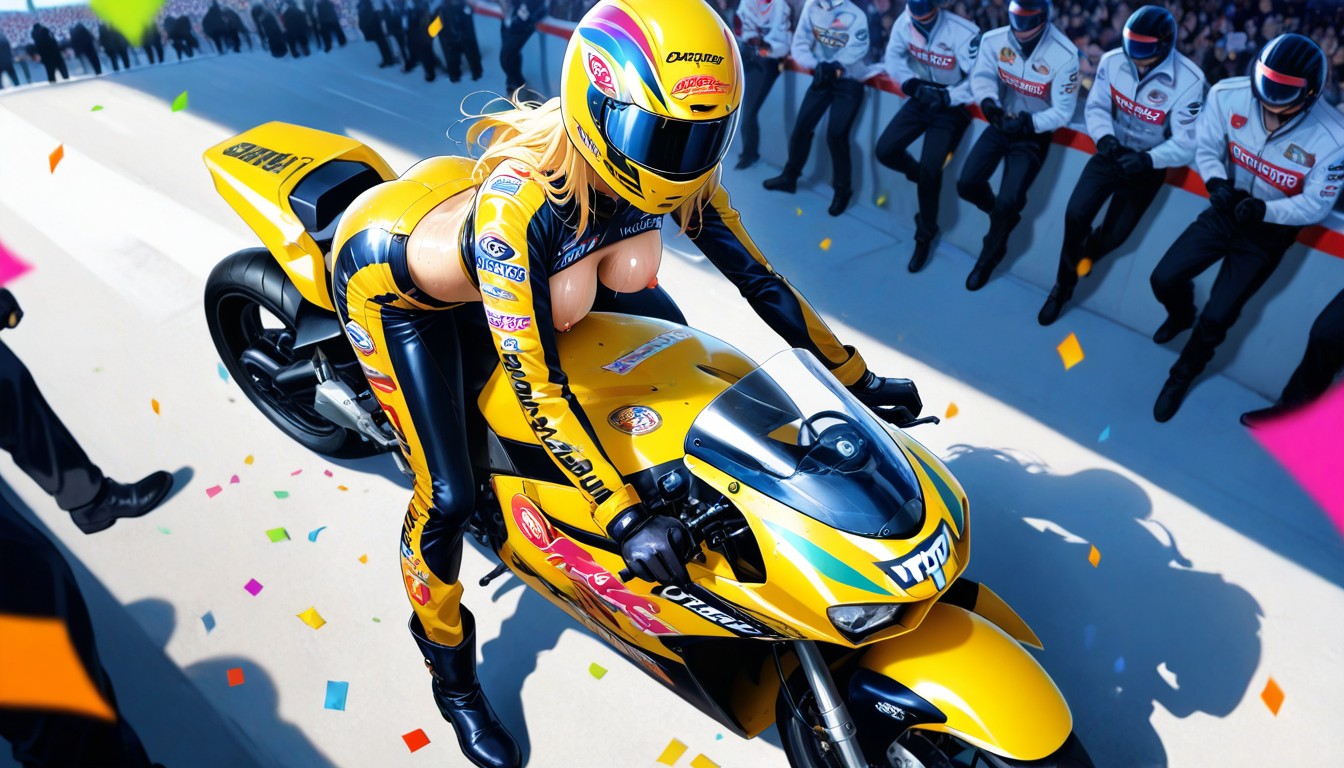Mouth Covered, Closed Face Racing Helmet With Colorful Livery, Skinny Hentai AI Porn