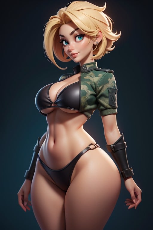 Green And Black Military Camouflage Bikini, Thick Thighs, Thick And Curvy Body Hentai AI Porn