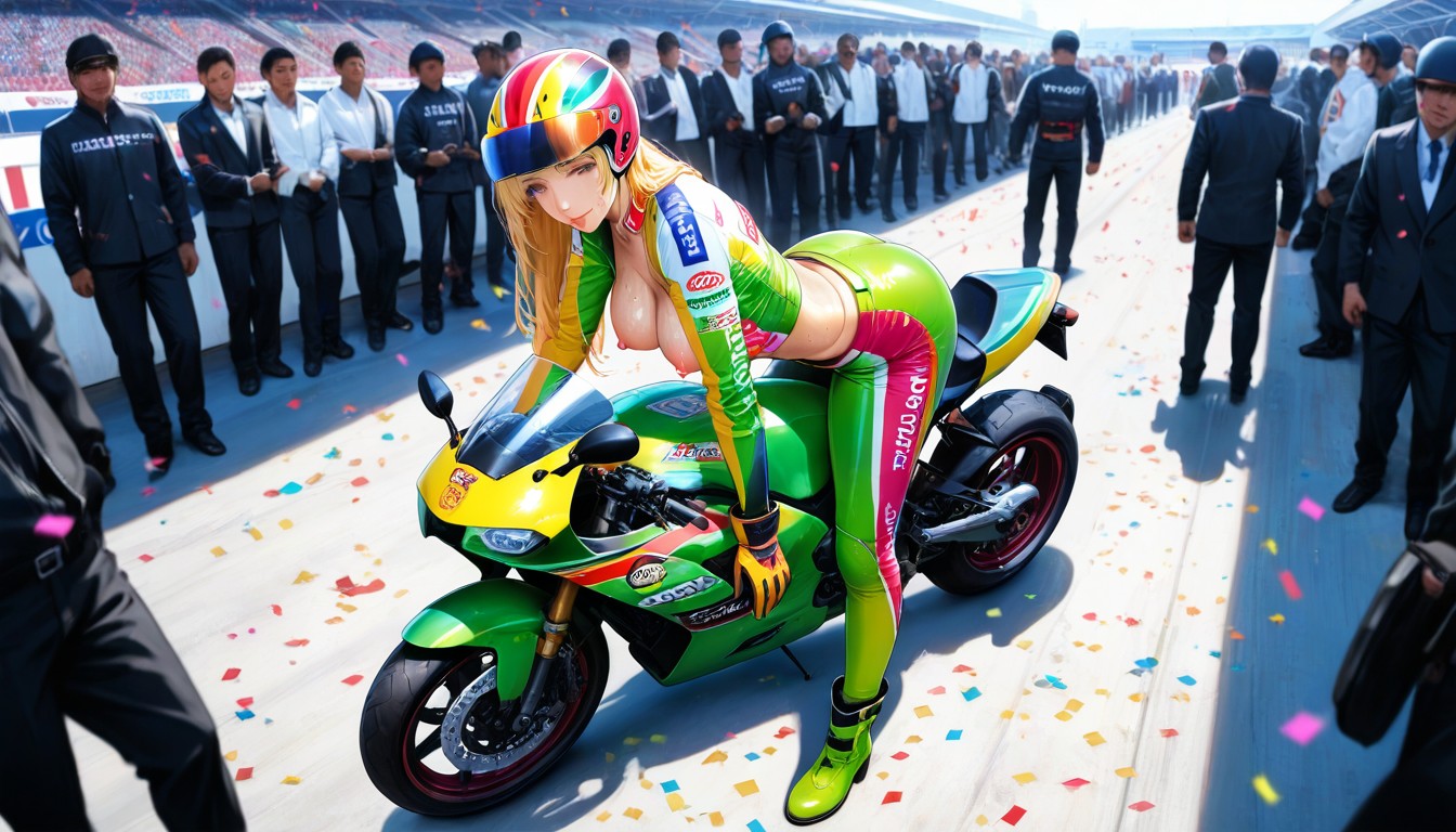 Long Blond Hair, Closed Face Racing Helmet With Colorful Livery, Sexy Idol Hentai AI Porn
