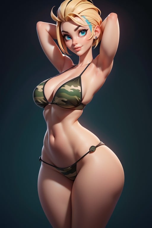 Large Breasts, Green And Black Military Camouflage Bikini, Sexy Confident Smirk Expression Hentai AI Porn