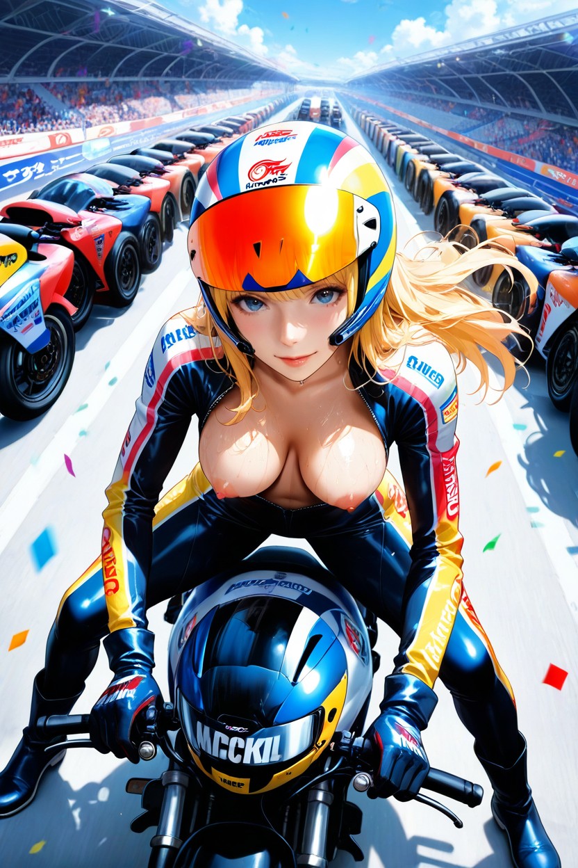 18+, Closed Face Racing Helmet With Colorful Livery, Wispy Bangs Hentai AI Porn