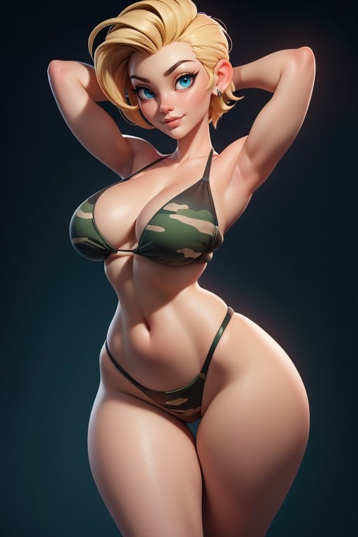 Green And Black Military Camouflage Bikini, Buzzcut, Sexy Smile Looking Back At Viewer Hentai AI Porn