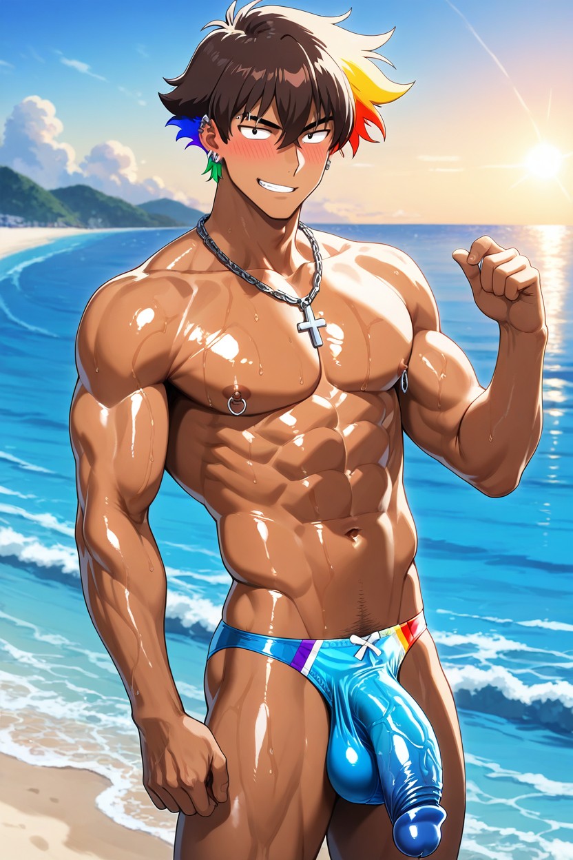 Norihito, Dark Brown Skin, Rainbow Golden Hair AI Gay Porn