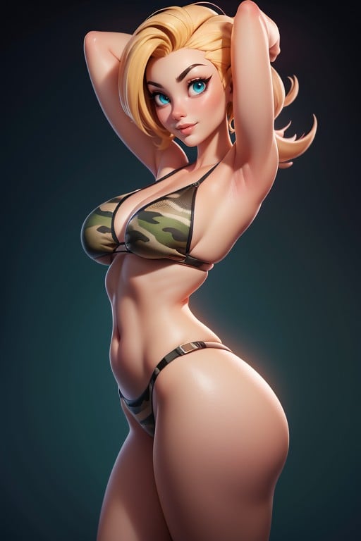 Rear View, Sexy Smile Looking Back At Viewer, Green And Black Military Camouflage Bikini Hentai AI Porn
