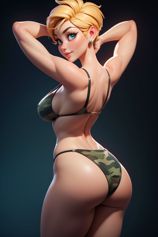 Green And Black Military Camouflage Bikini, No Hair In The Back Of Head, No Hair In The Back Of Head Hentai AI Porn