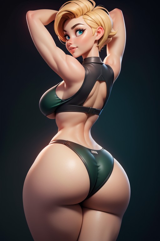 Sexy Confident Smirk Expression, Green And Black Military Camouflage Bikini, No Hair In The Back Of Head Hentai AI Porn