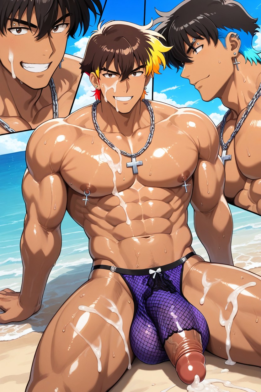 Steel Chain Necklace, Muscle, Dark Brown Skin AI Gay Porn