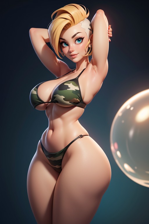 No Hair At The Back Of Head, Green And Black Military Camouflage Bikini, Pixie Cut Hentai AI Porn