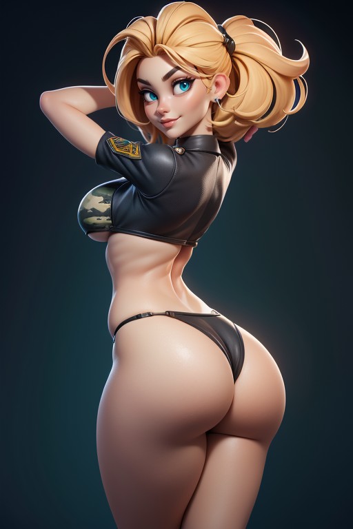 No Hair In The Back Of Head, Sexy Smile Looking Back At Viewer, Green And Black Military Camouflage Bikini Hentai AI Porn