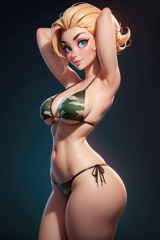 Buzzcut, Green And Black Military Camouflage Bikini, Tall Curvy And Thick With Perfect Proportions Hentai AI Porn