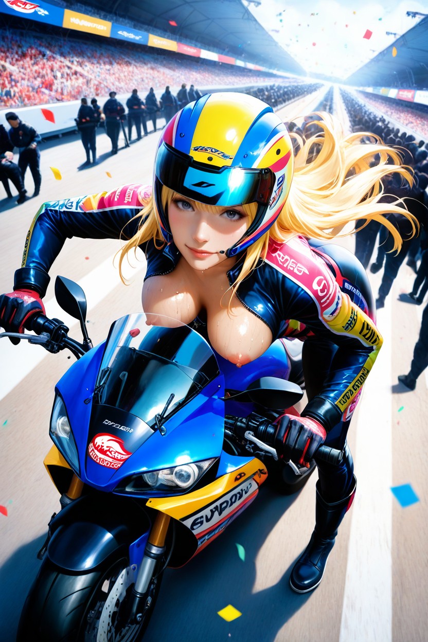Erect Puffy Pink Nipples, Hands On Bike Handles, Motorbike Race Event Hentai AI Porn
