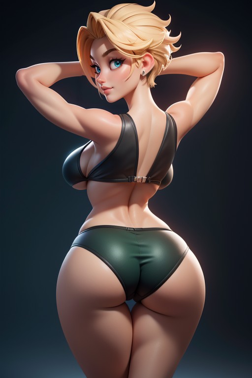 Green And Black Military Camouflage Bikini, Thick And Curvy Body, Arms Up In Front Of Face Hentai AI Porn