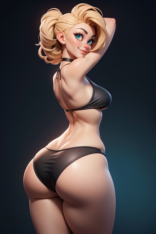 Thick Thighs, Green And Black Military Camouflage Bikini, Rear View Hentai AI Porn