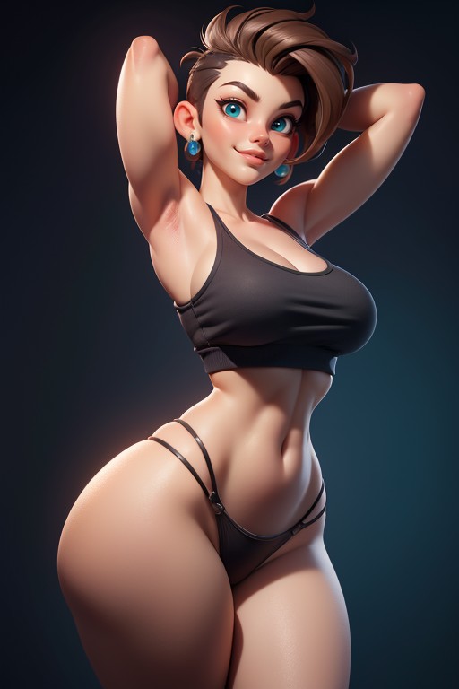 Shaved Bald On The Sides Of Head, Sexy Smile Rear View, Thick And Curvy Body Hentai AI Porn