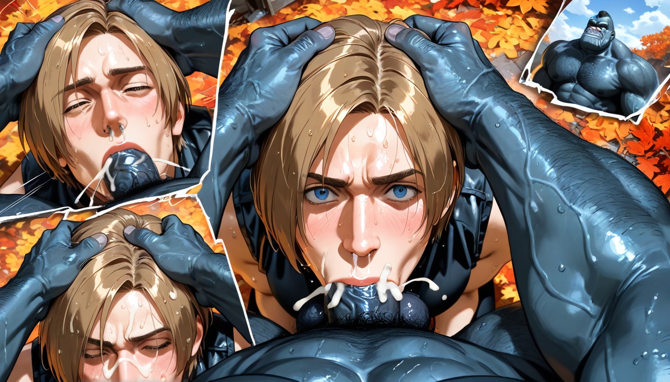 Man Sucking Giant Gorilla, Kneeling, Cum On Face AI Gay Porn