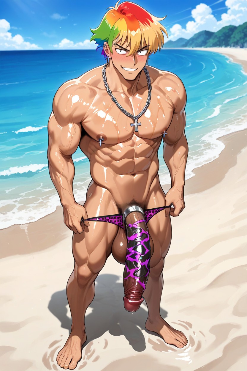 Muscular, Big Balls, In The Water Of Beach AI Gay Porn