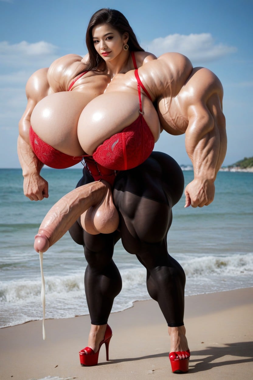 Super Huge Muscles, Four Arms, Beach Shemale AI Porn