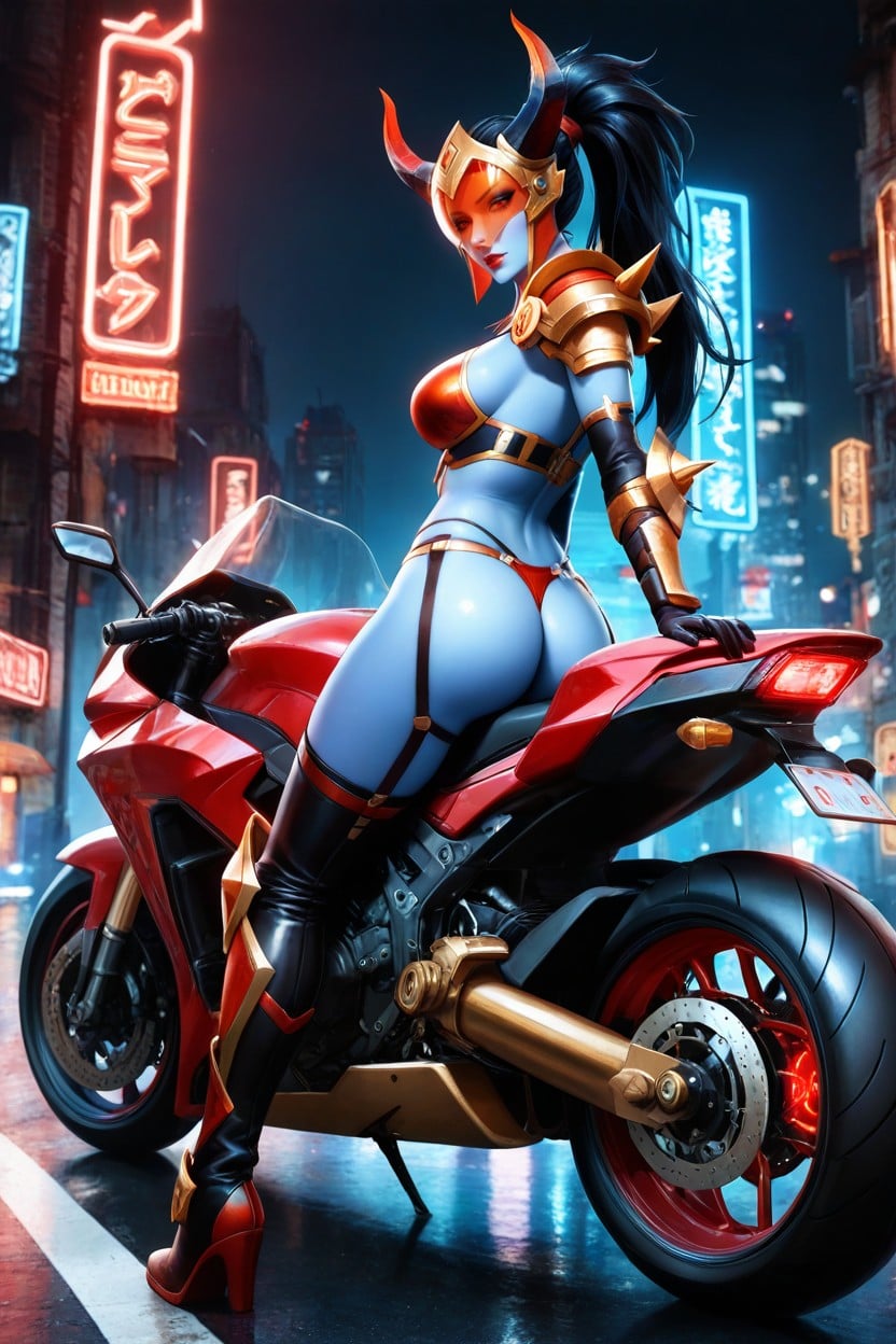 Vibrant Red Lipstick, Surrounded By Chrome And Neon Reflections Bright Pale Azure Blue Skin, High Cheekbones Hentai AI Porn
