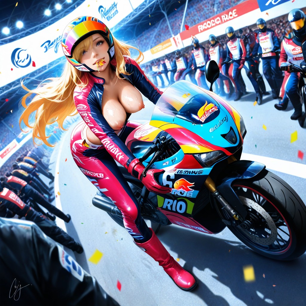 Motorbike Race Outfit, Helmet Visor Up, Hard Shadow Hentai AI Porn
