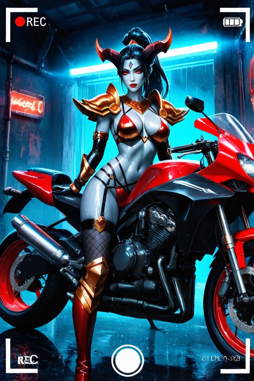 Vibrant Red Lipstick, Rec Overlay In Corner, Spiked Bra/pauldrons Hentai AI Porn