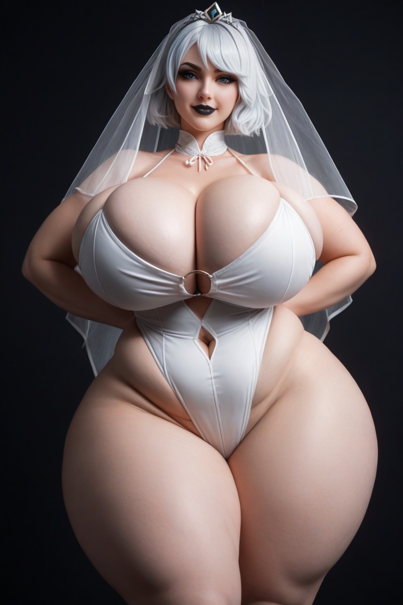 Simple Black Background Setting, Ghostly Pale Skin, Gwen League Of Legends White Curled Up Wigs AI Porn