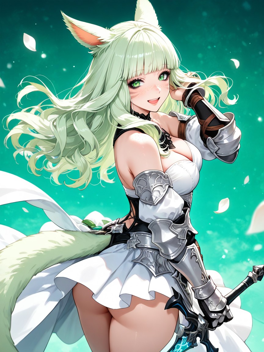 Sole Female, Light Green Kitten Ears, Open Mouth Smile Hentai AI Porn
