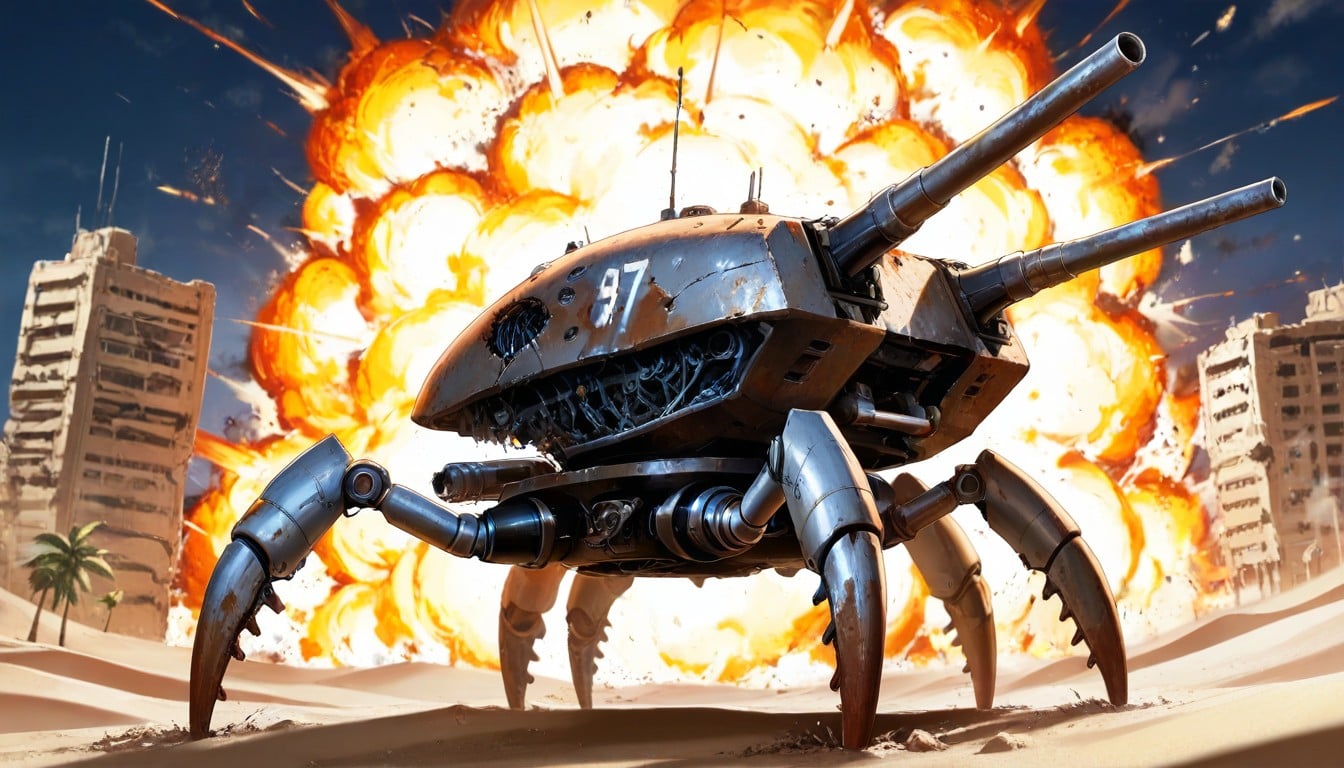 a Large Robotic Hermit Crab With Prominent Large Claw, Side View, Palms Tree And Several Building In The Background AI Porn