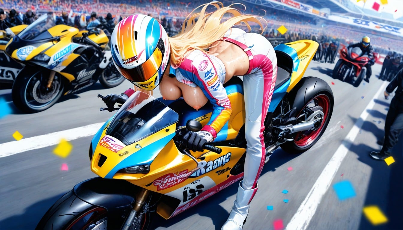 Many People Around, Looking At Viewer, Closed Face Racing Helmet With Colorful Livery Hentai IA