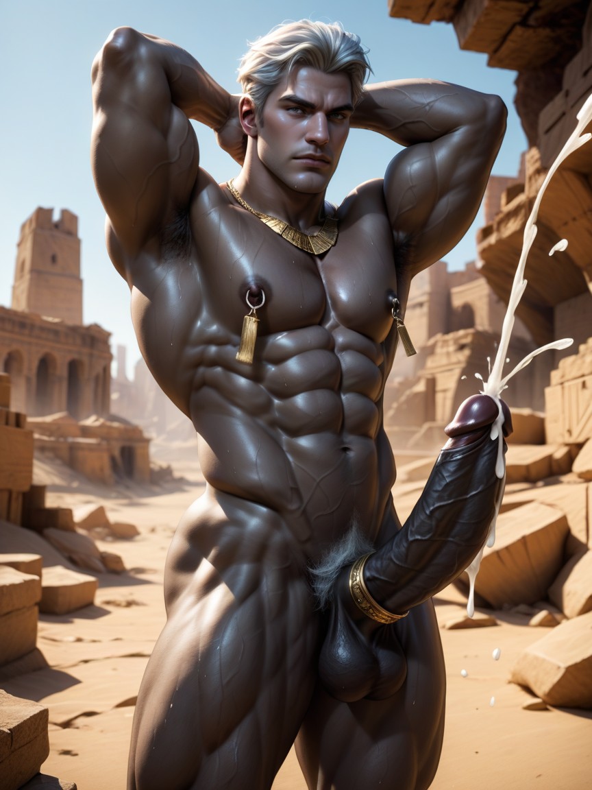 Messy Hair, Silver Ornate Nipple Clamps, Ultra High Res AI Gay Porn