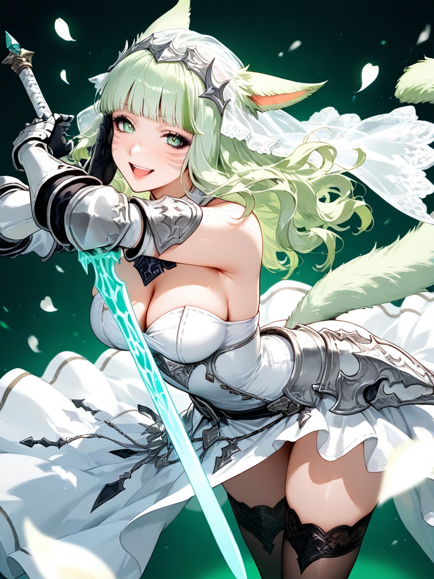 Light Green Kitten Ears, Light Green Wavy Hair, Freckles Hentai AI Porn