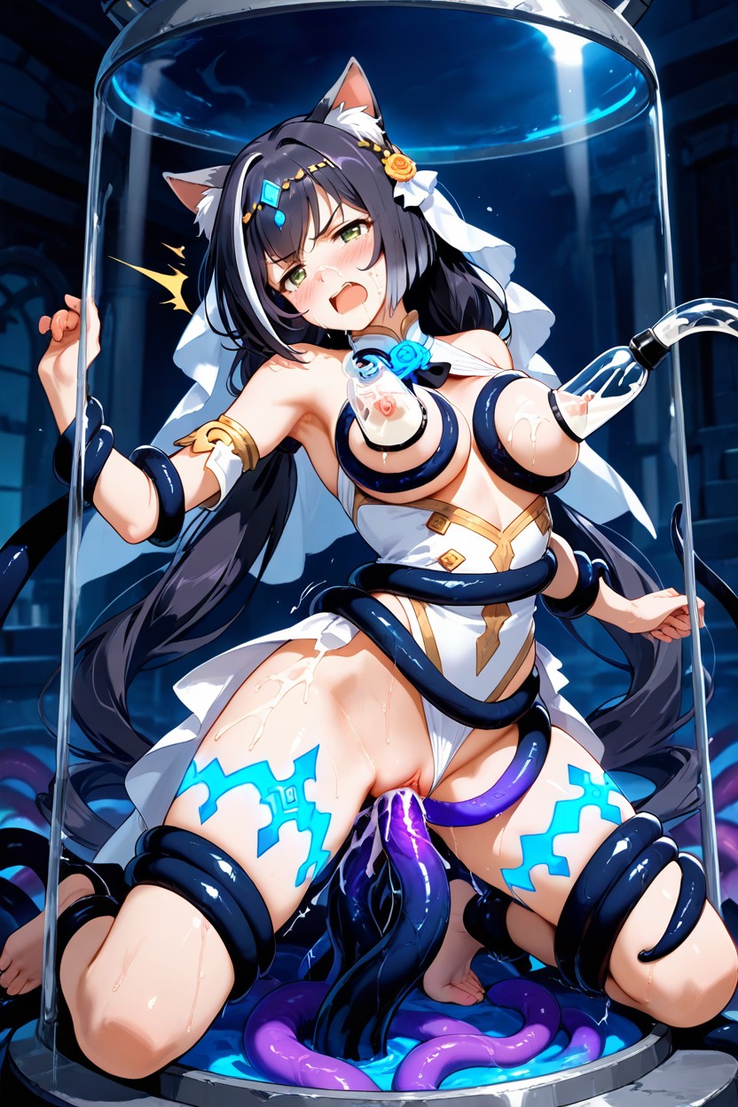 Motion Lines, Long Bangs Covering Part Of The Forehead, White And Blue Ceremonial Outfit Hentai IA