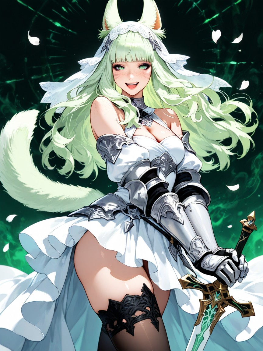 Green Ethereal Background, Open Mouth Smile, Black Thigh-highs Hentai IA