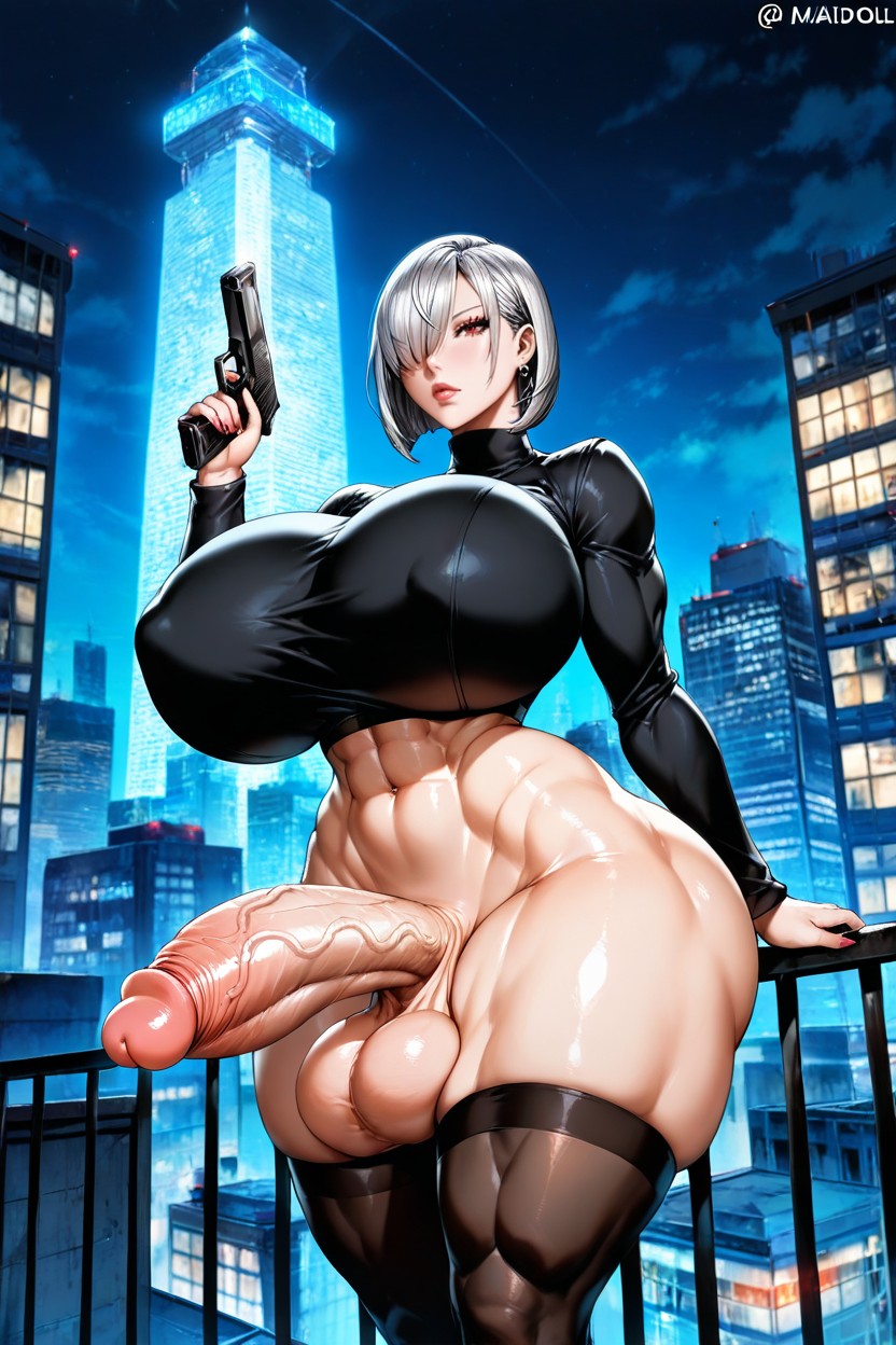 Illuminated Skyscrapers, Extremely Large Ass, On Rooftop AI Porn