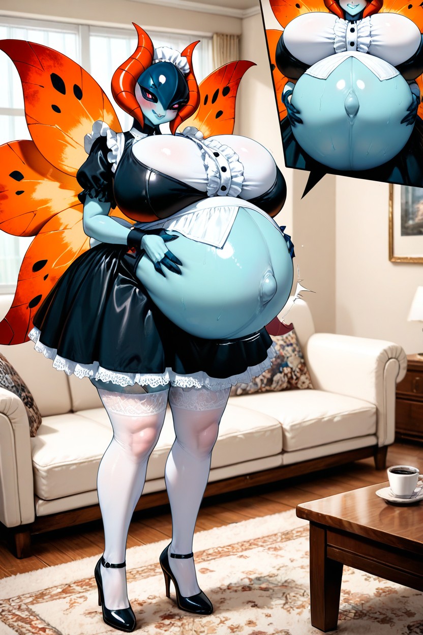 White Lace Stockings, Smile, Massive Hyper Pregnant Belly AI Porn