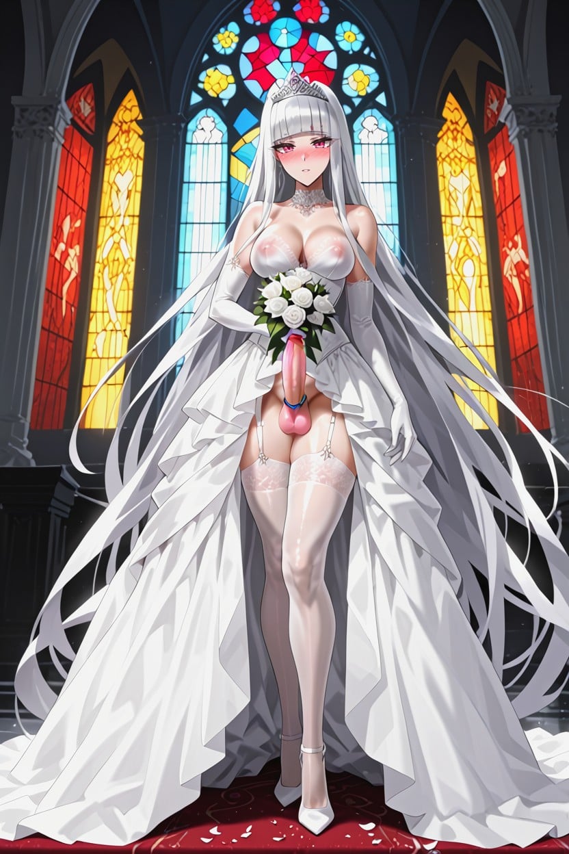 White Lace Lingerie, Kneeling, Nose Blush Shemale AI Porn