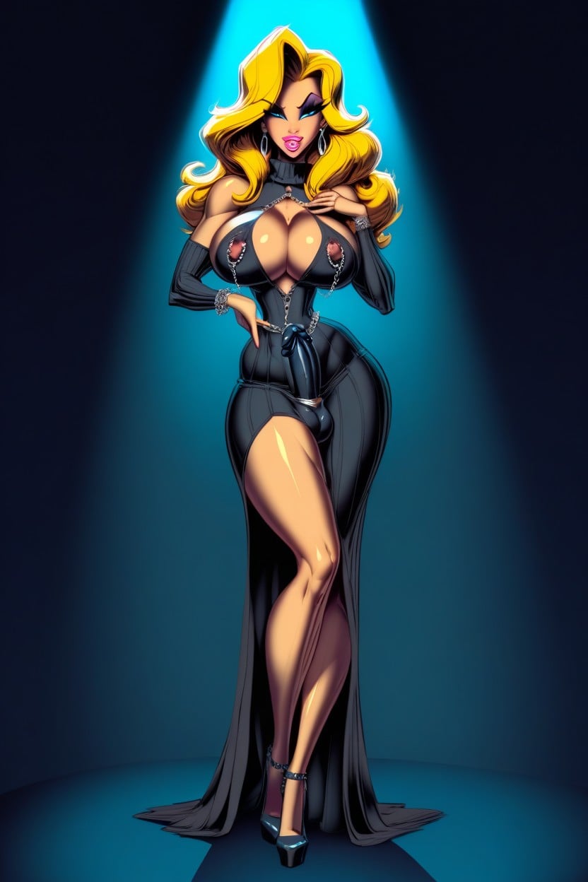 Head Tilted Back, Big Blue Feline Eyes, Dress Has Long Cleavage Opening Porno IA