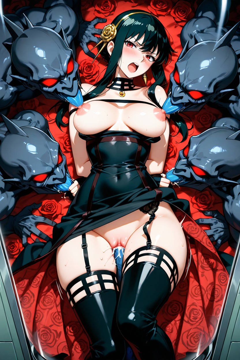 Intricate Red Rose Pattern On Inner Lining Of Skirt, Erect Nipples, Elaborate Gold Rose Hair Ornament Hentai AI Porn