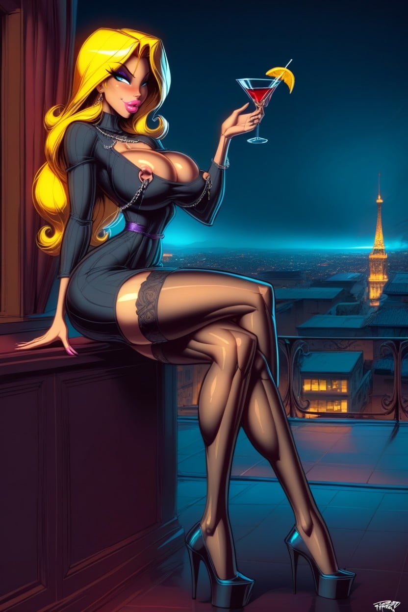 Night, Nipple Chain, Big Blue Feline Eyes AI Porn