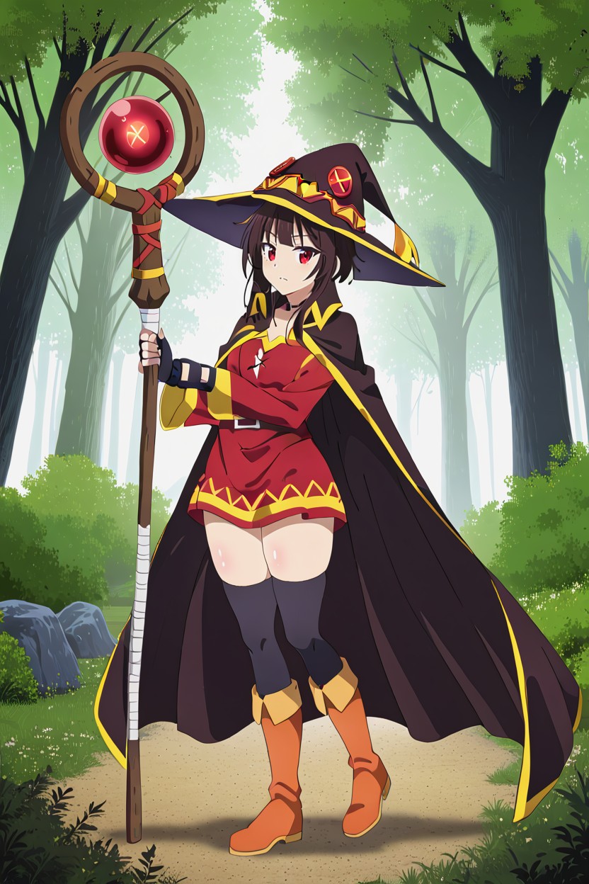 Tall Brown Boots With Gold Accents, Black Hair, 전신 헨타이 AI 야짤