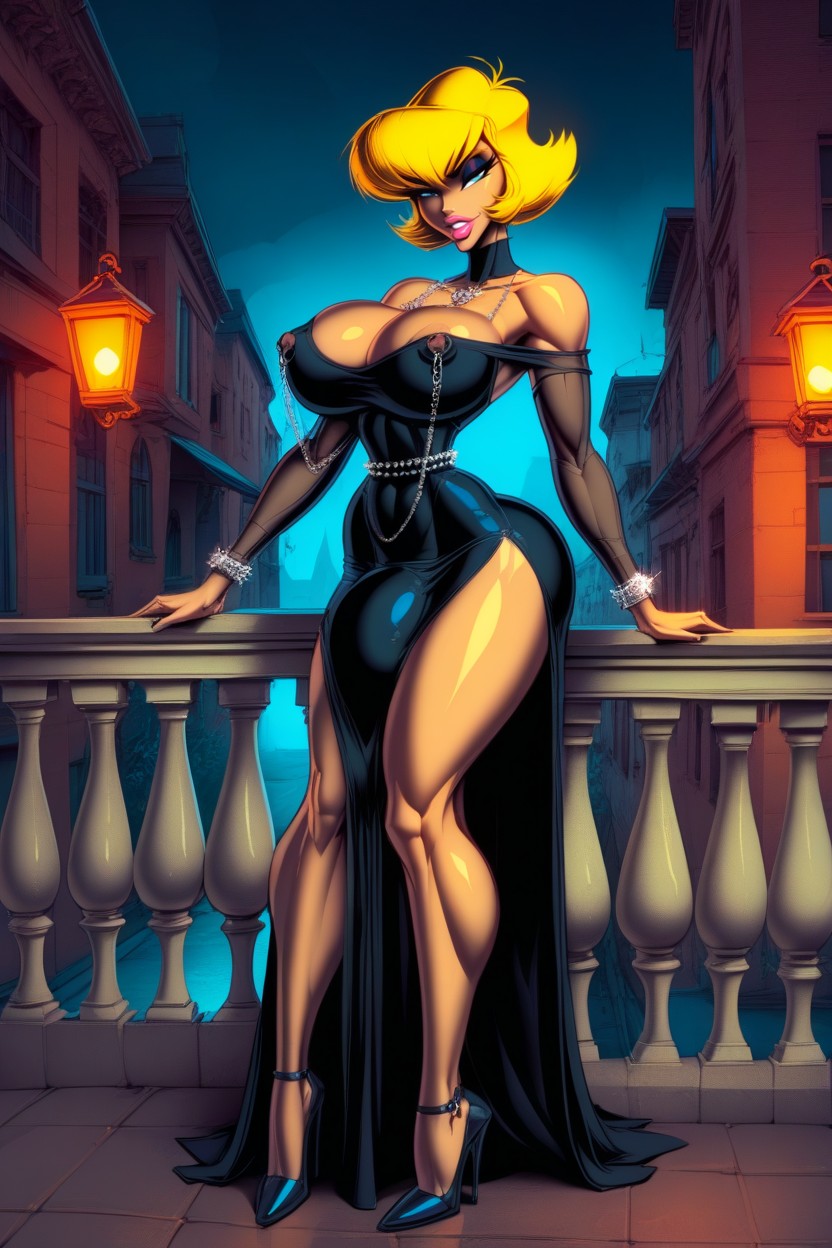 Luxury Living Room, Nipple Chain, Dress Has Long Cleavage Opening AI Porn