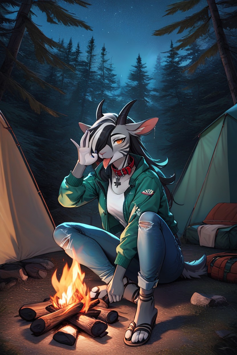 Goat, Campfire, White Tank Top Furry AI Porn