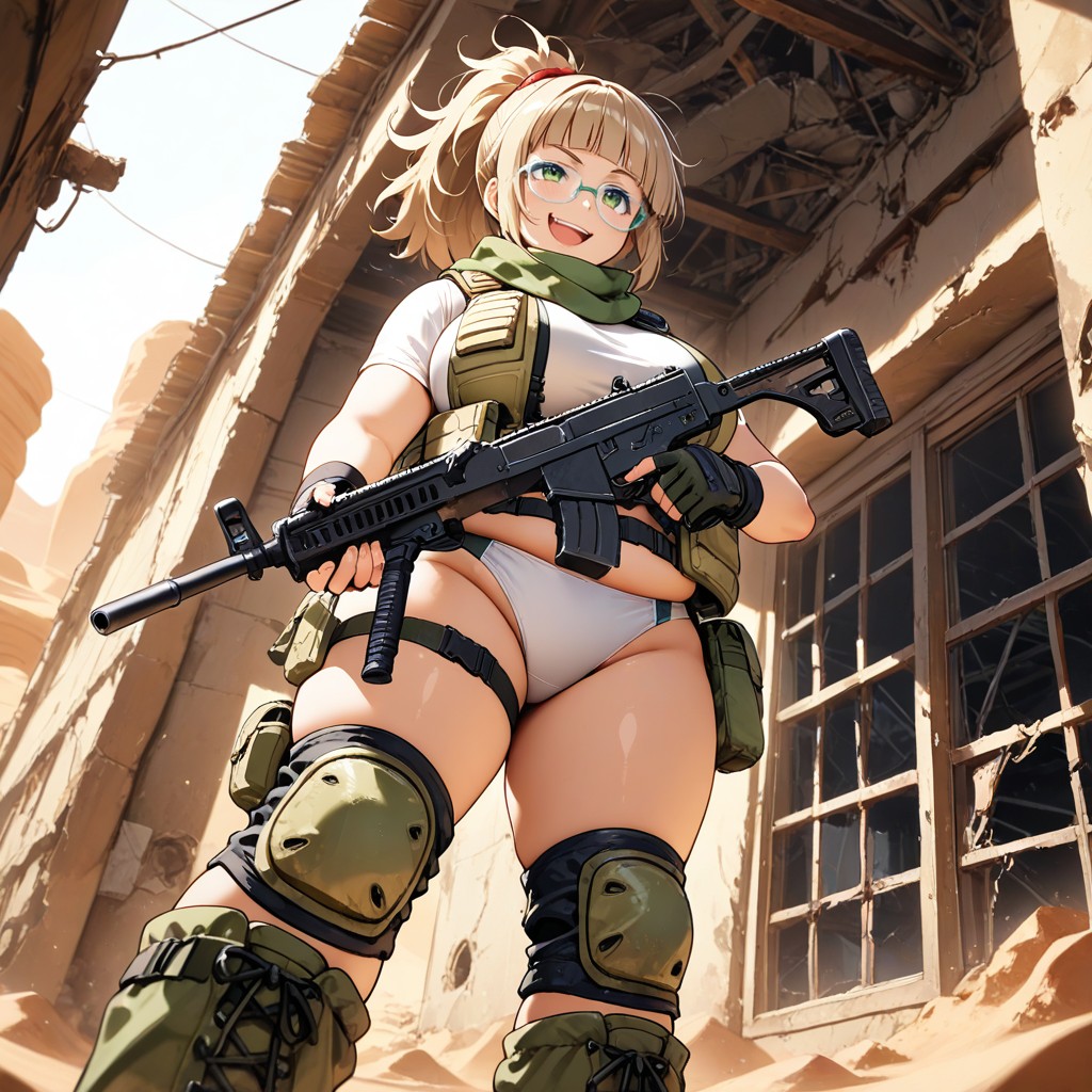 Ponytail, And Fingerless Gloves, Wearing An Olive Green Scarf Tied Around Her Head AI Porn