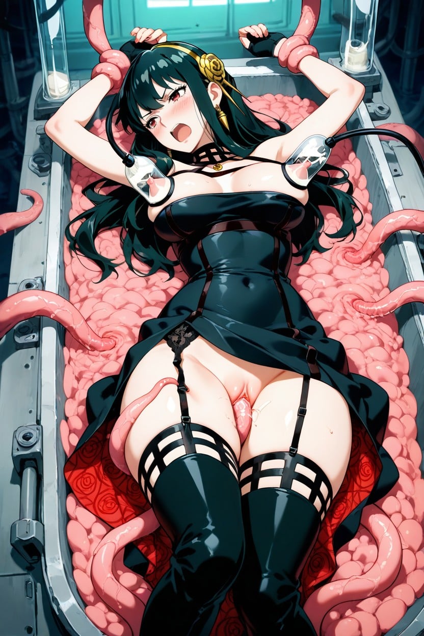 Tentacles Grabbing Breast, Criss-cross Black Straps On Upper Chest, Intricate Red Rose Pattern On Inner Lining Of Skirt Hentai AI Porn