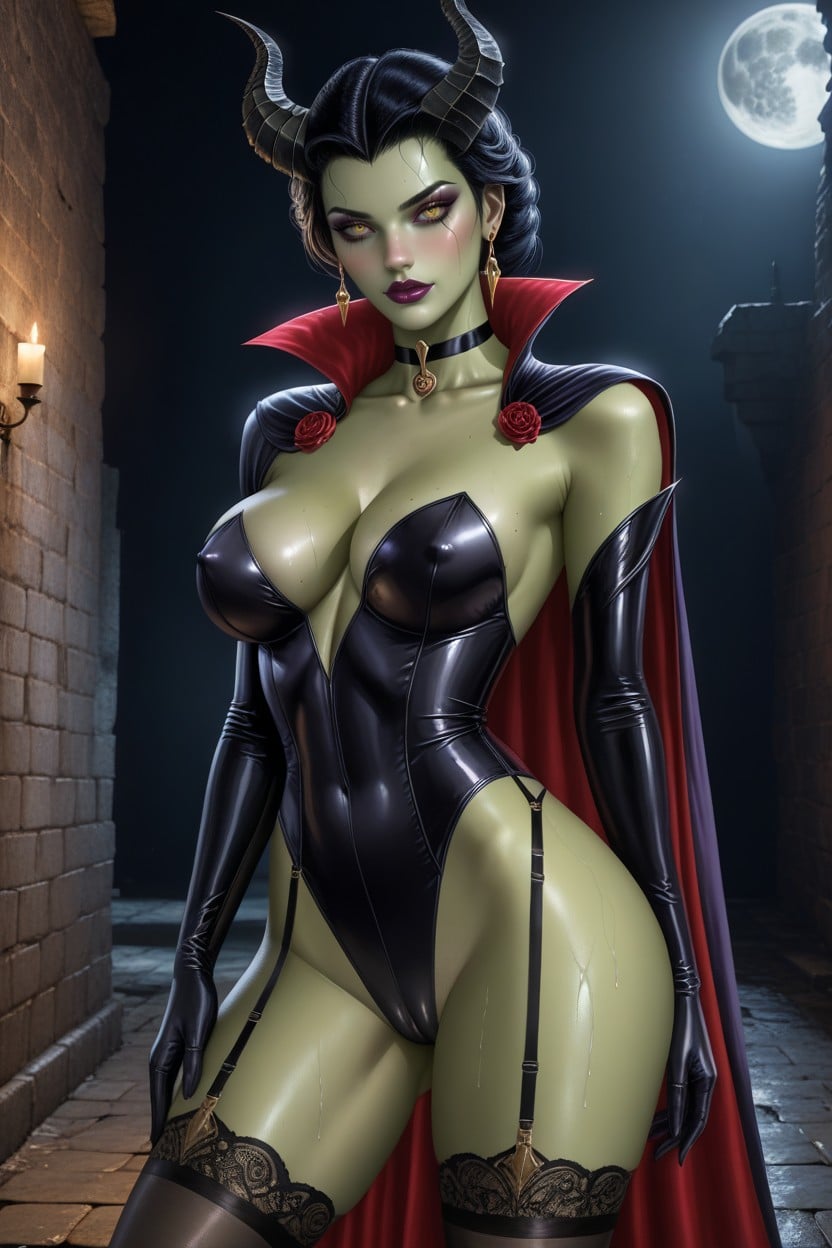 Huge Anime Yellow Eyes, Horns, Dark Background AI Porn