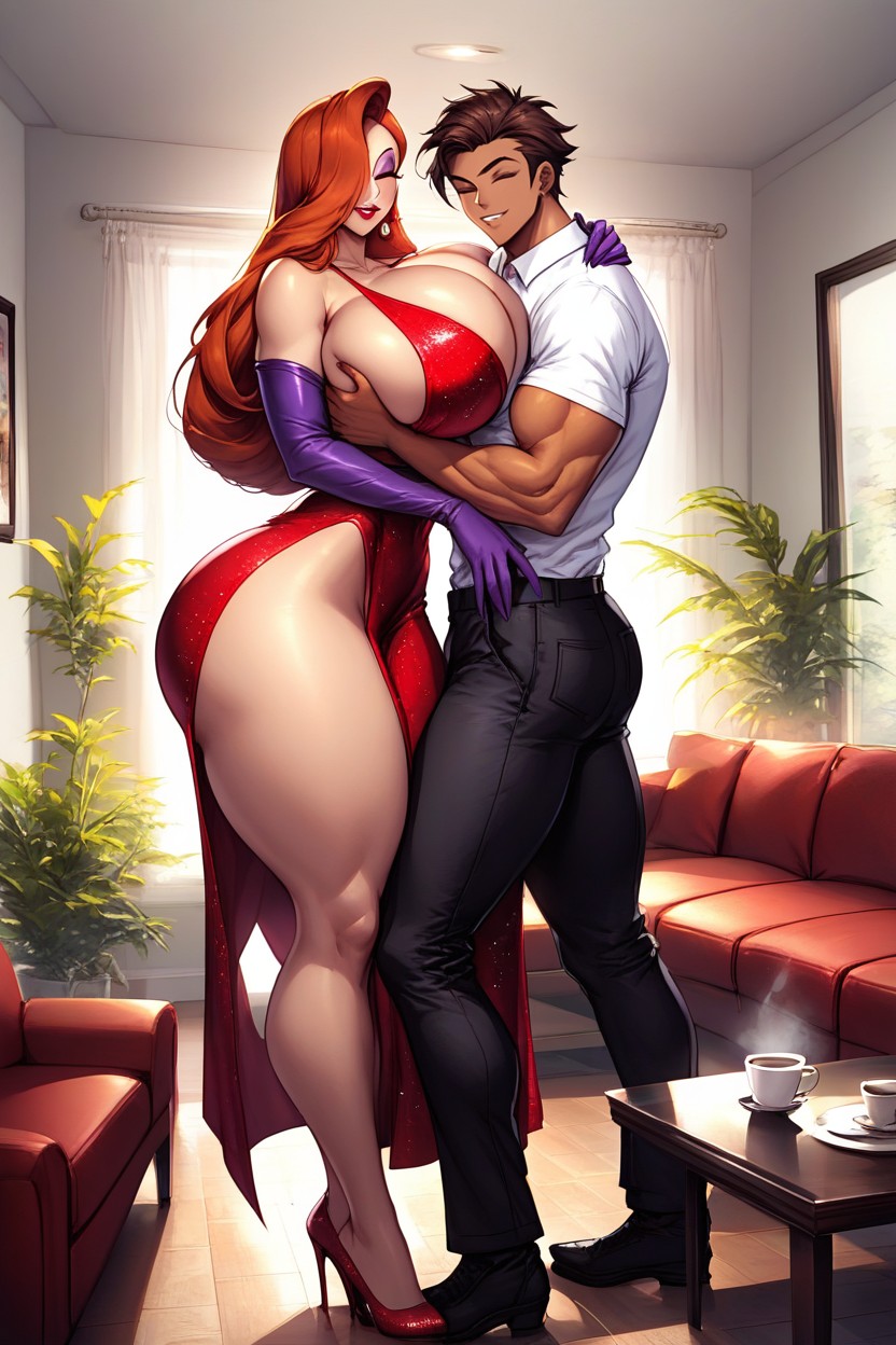 Purple Opera Gloves, Hugging A Man From The Front, Perfect Body Hentai AI Porn