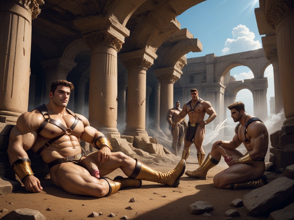 Harem, Laying On Side On The Dirt, Muscular Arms AI Gay Porn