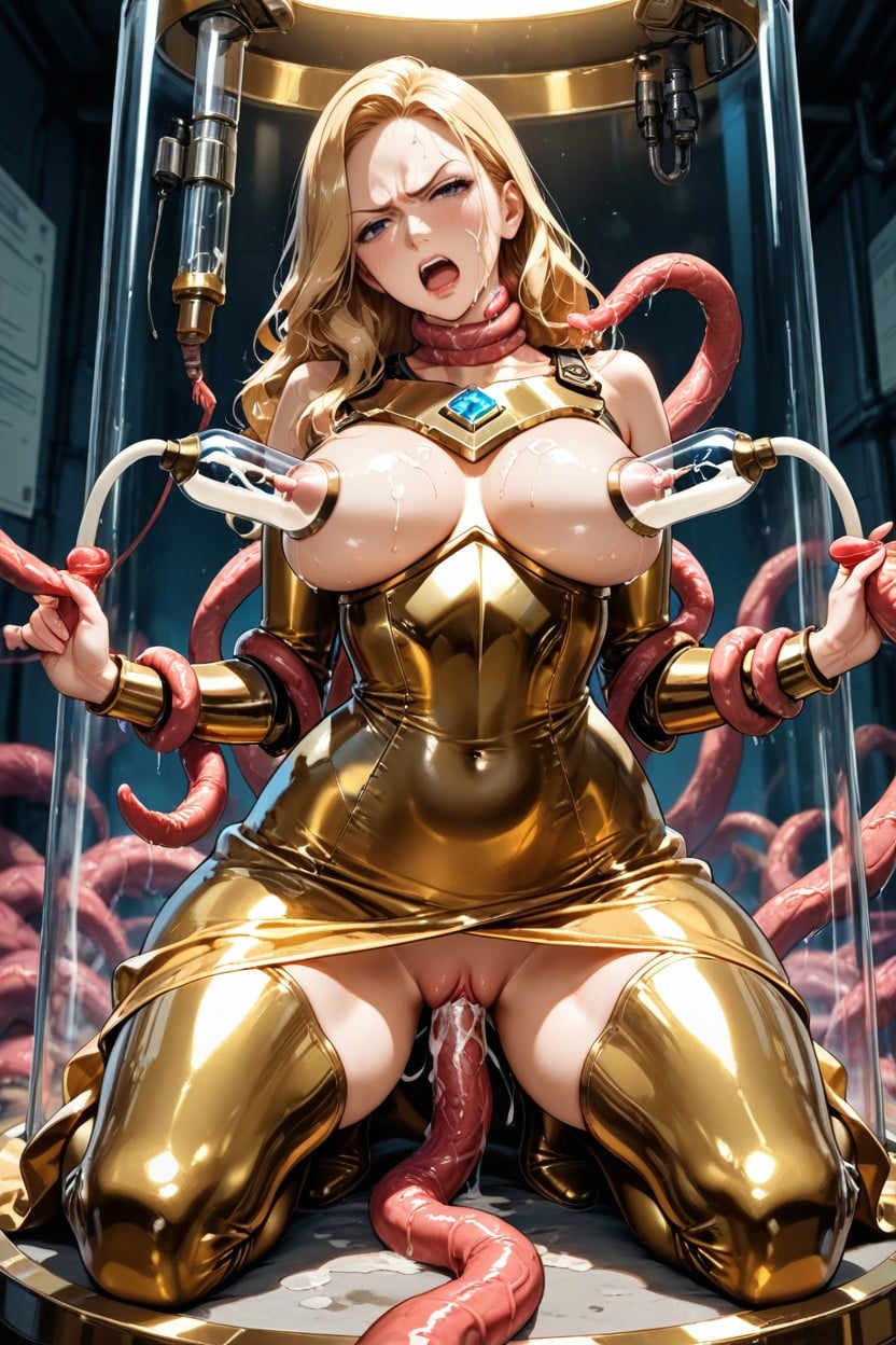 Open Mouth, Highly Detailed Chest Plate Featuring Etched Circular Patterns, Golden Battle-suit Hentai AI Porn